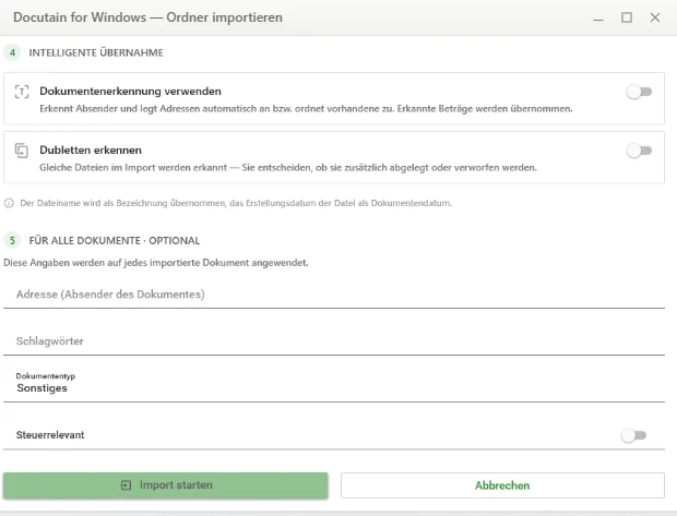 Optionen Intelligente Übernahme und Vorgaben für alle Dokumente im Import-Dialog