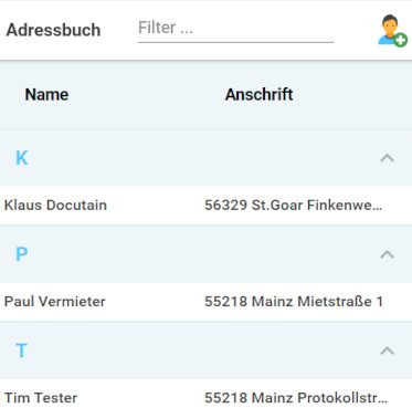 In Docutain können Sie eine Adressverwaltung vornehmen und Unterlagen zu den Adressen anzeigen lassen.